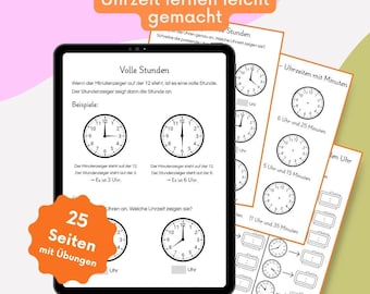 Puede incluir: Una tableta digital que muestra esferas de reloj y hojas de trabajo educativas. La tableta está rodeada de hojas de trabajo impresas con esferas de reloj y ejercicios. La imagen incluye el texto "25 Seiten mit Übungen" y "Lade jetzt herunter".