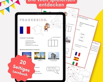 Puede incluir: Un recurso educativo digital sobre Francia, mostrado en una tableta. La pantalla muestra la bandera francesa, un mapa y monumentos famosos como la Torre Eiffel. Páginas adicionales presentan cuestionarios y mapas. El texto incluye "Libro de aprendizaje de 20 páginas".