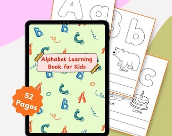Puede incluir: Un libro de aprendizaje del alfabeto para niños con 52 páginas, que se muestra en una tableta y con páginas impresas. La portada de la tableta tiene el texto "Alphabet Learning Book for Kids" y está decorada con letras coloridas. Las páginas impresas muestran letras e ilustraciones.