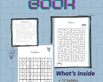Puede incluir: Un libro de rompecabezas titulado "PUZZLE BOOK" en verde azulado y morado. Incluye un crucigrama, un laberinto y un rompecabezas Sudoku. El texto "What's Inside" enumera 12 Sudoku, 9 laberintos, 3 crucigramas y soluciones.