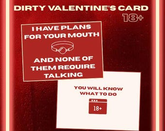 Puede incluir: Tarjeta roja de San Valentín con el texto "I HAVE PLANS FOR YOUR MOUTH AND NONE OF THEM REQUIRE TALKING" y un gráfico de una mordaza. Otra tarjeta dice "YOU WILL KNOW WHAT TO DO" con un símbolo 18+.