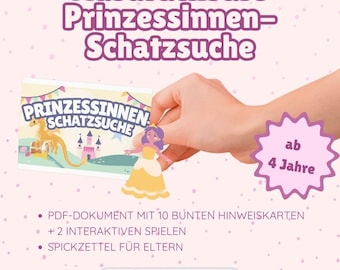 Puede incluir: Imagen promocional para una búsqueda del tesoro de princesas imprimible. El diseño presenta el texto "Ausdruckbare Prinzessinnen-Schatzsuche" en morado, una ilustración de princesa y una estrella que indica la edad de 4 años en adelante.