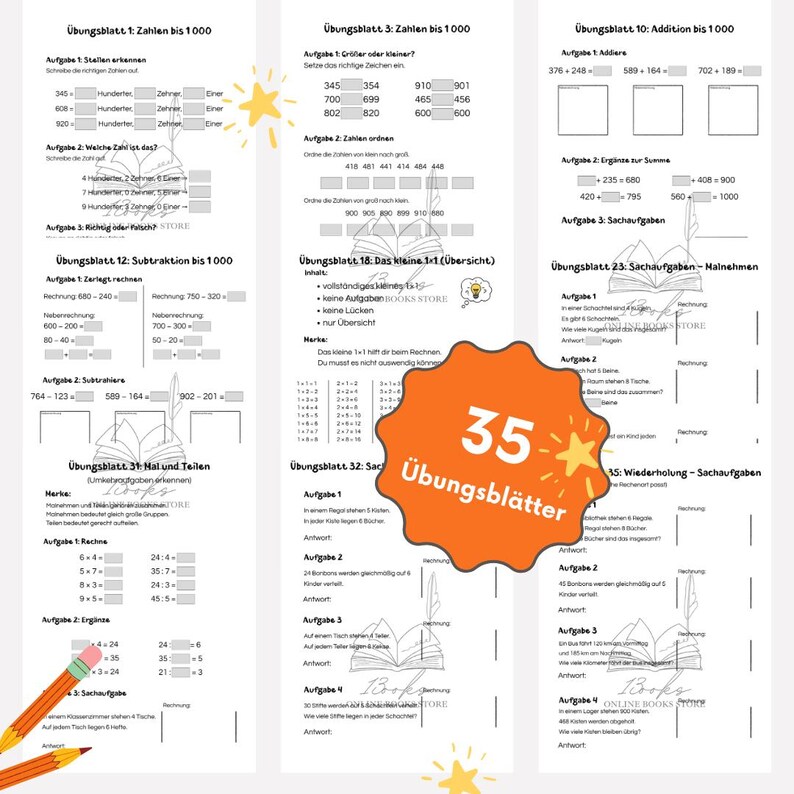 Mathe Lernheft 3. Klasse PDF / Zahlen bis 1000, Plus, Minus, Mal & Teilen / 35 Arbeitsblätter mit Urkunde imagen 2