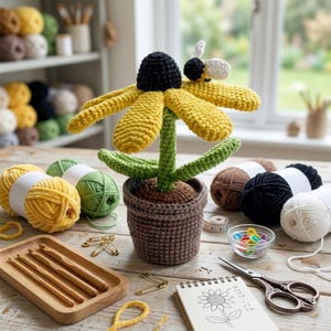 Sunflower on Bee Amigurumi Pattern | Crochet Bee & Flower in Pot, Amigurumi Plushie Floral, Crochet Pattern PDF