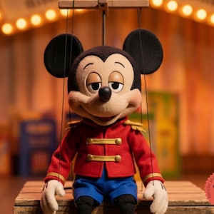 May include: A handmade Mickey Mouse puppet with a red jacket, blue pants, and black ears. The puppet has a neutral expression and is suspended by strings. The background features blurred lights and a wooden surface.