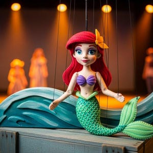 Könnte beinhalten: Ariel-Puppe mit rotem Haar, einem lila Muschel-BH und einem grünen Meerjungfrauenschwanz. Die Puppe hängt an Fäden über einer Bühne mit einer blauen Wellen-Requisite. Eine gelbe Blume schmückt ihr Haar.