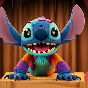 Könnte beinhalten: Handgefertigte Stitch-Marionette mit blauem Kopf, großen Ohren und breitem Grinsen. Die Marionette hat ein Patchwork-Design mit orangefarbenen, lila und türkisfarbenen Akzenten. Sie ist auf einer Holzkiste platziert, mit Fäden zur Manipulation.