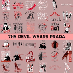 May include: A collage of illustrations and text related to fashion and the film "The Devil Wears Prada." The images include high-heeled shoes, fashion sketches, and quotes. The color palette is primarily red, black, and white.
