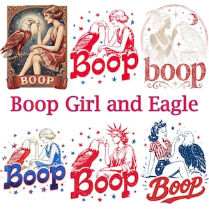 Pode incluir: Uma coleção de ilustrações em estilo vintage com uma mulher interagindo com uma águia. A palavra "Boop" é exibida em destaque em vermelho, juntamente com a frase "Boop Girl and Eagle". As imagens têm uma estética retrô com detalhes de estrelas.