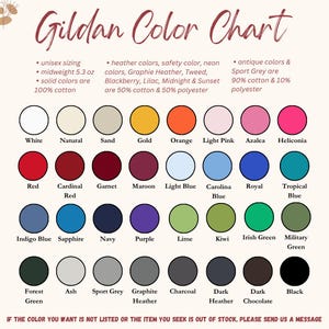 Pu&ograve; includere: Una tabella colori Gildan che mostra una variet&agrave; di colori per l'abbigliamento. La tabella include tonalit&agrave; come bianco, rosso, blu navy e nero, con dettagli sulla composizione del tessuto. Il testo in basso invita i clienti a informarsi sui colori non elencati.