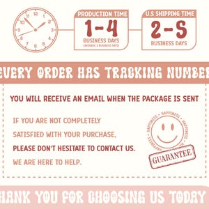 Pu&ograve; includere: Grafica con testo e illustrazioni. Un orologio indica l'ora e il testo indica i tempi di produzione e spedizione. Il testo recita: "Ogni ordine ha un numero di tracciamento" e "Grazie per averci scelto oggi."