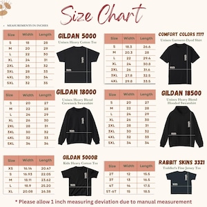 Pu&ograve; includere: Tabella delle taglie per varie t-shirt e felpe, inclusi i marchi Gildan e Comfort Colors. Le misure in pollici sono fornite per ogni taglia, dalla small alla 5XL. La tabella include dettagli per taglie unisex e per bambini.