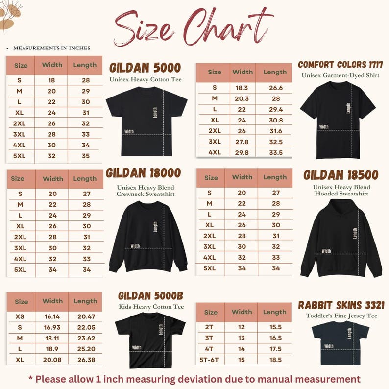 Pu&ograve; includere: Tabella delle taglie per varie t-shirt e felpe, inclusi i marchi Gildan e Comfort Colors. Le misure in pollici sono fornite per ogni taglia, dalla small alla 5XL. La tabella include dettagli per taglie unisex e per bambini.