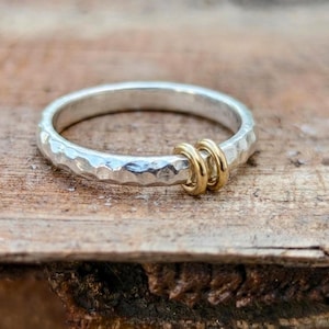 Hammered Sterling Silver Ring, Gold Loop Accent, Two-Tone Band, Anxiety Stacking Ring