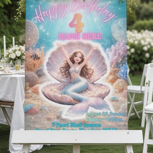 Editable Mermaid Birthday Invitation Template, Under the Sea Party Poster, Printable  A4 Canva Template, Pearl Shell Mermaid Decor