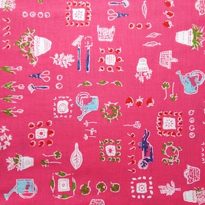 May include: Bright pink fabric with a repeating pattern of gardening tools and elements. White outlines depict potted plants, watering cans, scissors, and other garden-related imagery. Accents of blue and green add contrast to the design, creating a cheerful and thematic textile.