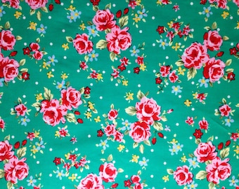 Cotton Fabric Fat Quarter, Vintage Pink & Red Roses on Jade Green Polka Dot