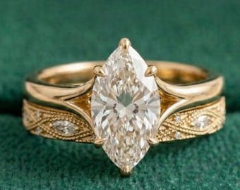 3 CT Marquise Cut Moissanite Ring Set 14K Solid Yellow Gold Ring Set Vintage Engreved Wedding Ring Set, Bridal Set Anniversary Ring For Her