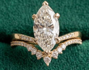 Marquise Cut Engagement Ring Set Vintage Lab Grown Diamond Wedding Ring Set V Shaped Matching Half Eternity Curved Wedding Band Gift For Her