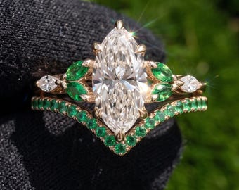 4 CT Marquise Cut Moissanite Cluster Engagement Ring Set, 14K Gold Bridal Ring Set, Marquise Cut Solitaire Ring Curved Wedding Band