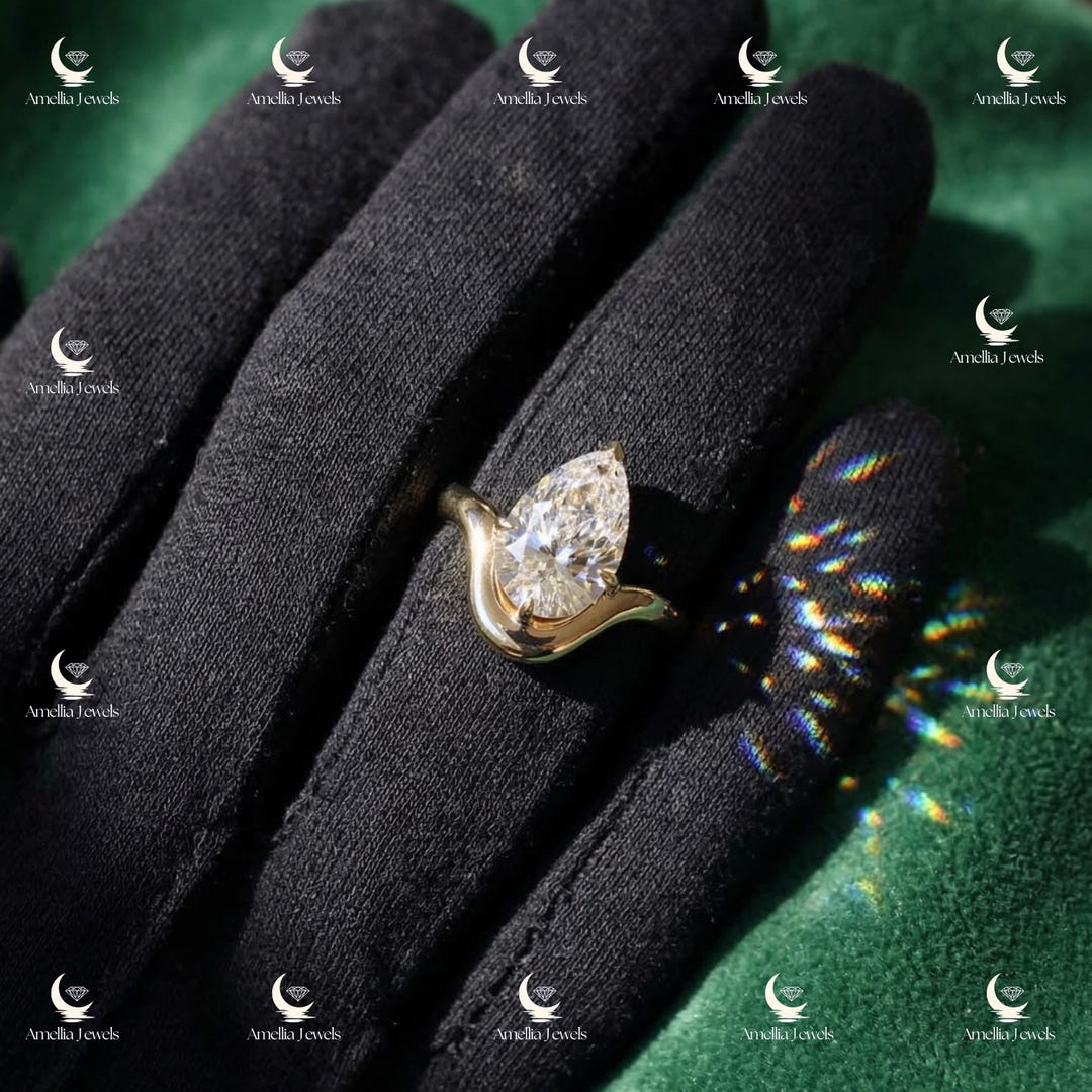 Pear Cut Lab Diamond Engagement Ring Pear Wedding Ring 14K Yellow Solid ...