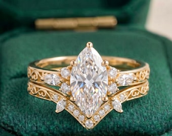 3 CT Marquise Cut Lab Grown Diamond Bridal Ring Set, Vintage Gold Wedding Band Set, Art Deco Filigree Ring for Her