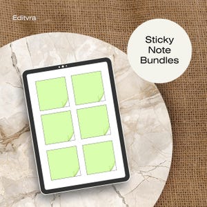 May include: A digital tablet displaying six light green sticky notes with curled corners. The tablet is on a marble surface, with the text "Sticky Note Bundles" in a white circle. The background is a textured brown fabric.