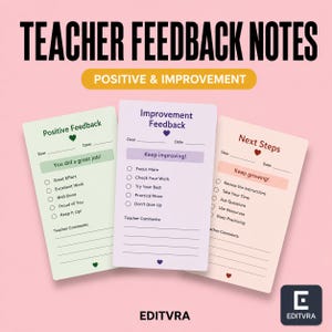 May include: Three rectangular teacher feedback note cards in light green, light purple, and light peach. Each card features a header, lines for date and name, a checklist of phrases, and a section for teacher comments with small heart icons.