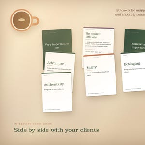 May include: A set of 80 cards for mapping parts, naming needs, and choosing values. The cards feature text on white or dark green backgrounds, including words like Adventure, Authenticity, Safety, Belonging, and The scared little one.