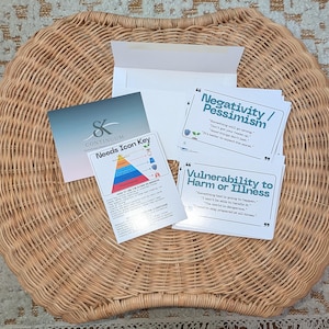 May include: A collection of cards with text and graphics, including "Needs Icon Key", "Negativity / Pessimism", and "Vulnerability to Harm or Illness". The cards are on a woven wicker tray, with an envelope and a card with the "Continuum" logo.
