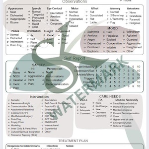 Op de afbeelding: Een wit en grijs voortgangsnotitieformulier met secties voor observaties, zelfrapportage, interventies en behandelplan. Het formulier bevat selectievakjes en aanwijzingen voor het vastleggen van informatie.