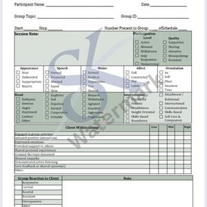Op de afbeelding: Een wit formulier voor 'Group Therapy Progress Note' met secties voor deelnemersinformatie, sessienotities en observaties van cliënten. Bevat selectievakjes voor uiterlijk, spraak, stemming en interventies. Het formulier is ontworpen om de voortgang bij te houden.