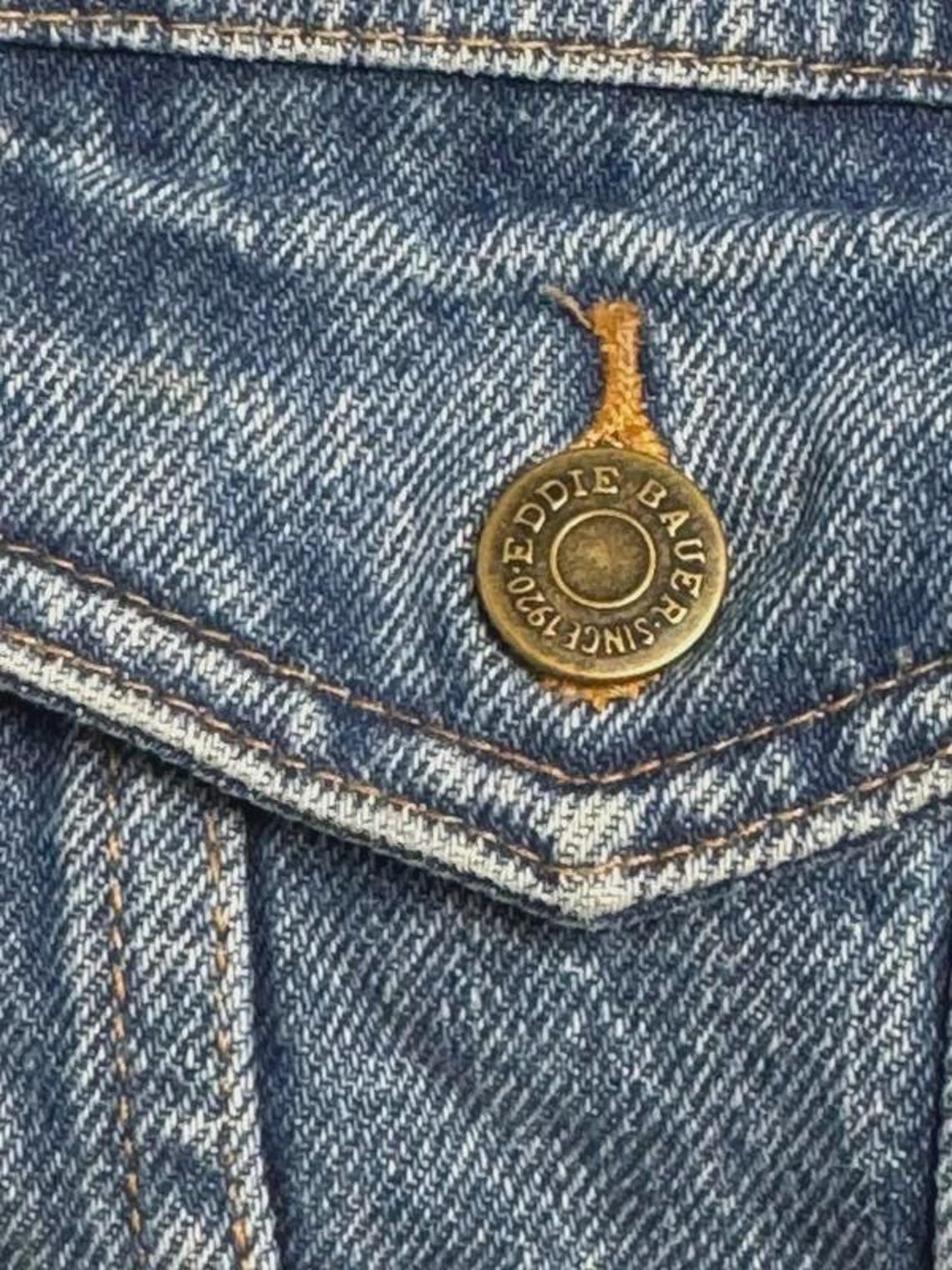 Vintage 90s Eddie Bauer Denim Jacket S Petite Cropped Blue Cotton Minimalist Jean Jacket Women, foto 3 di 5