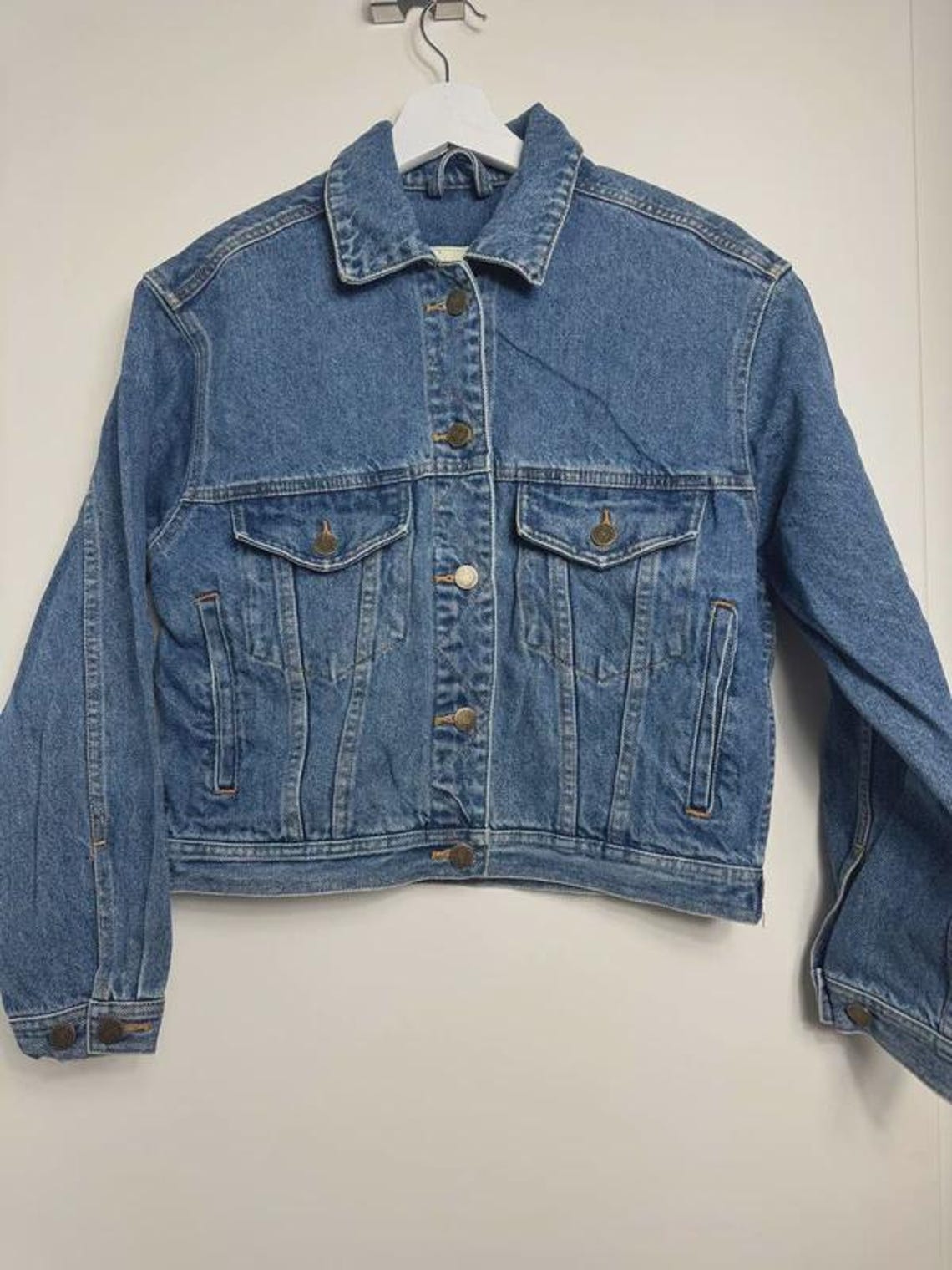 Vintage 90s Eddie Bauer Denim Jacket S Petite Cropped Blue Cotton Minimalist Jean Jacket Women, foto 1 di 5