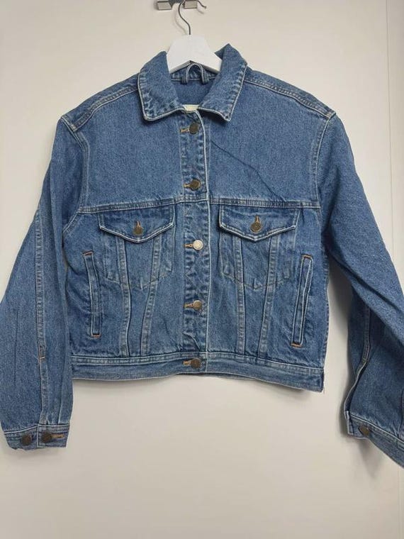 Vintage 90s Eddie Bauer Denim Jacket S Petite Cropped Blue Cotton Minimalist Jean Jacket Women