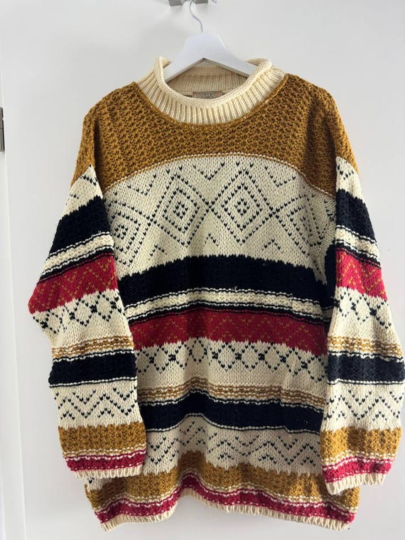 Strickpullover Damen Vintage 90er Oversize Wollmix Fair Isle Grobstrick ONYX Jeans Made in Italy