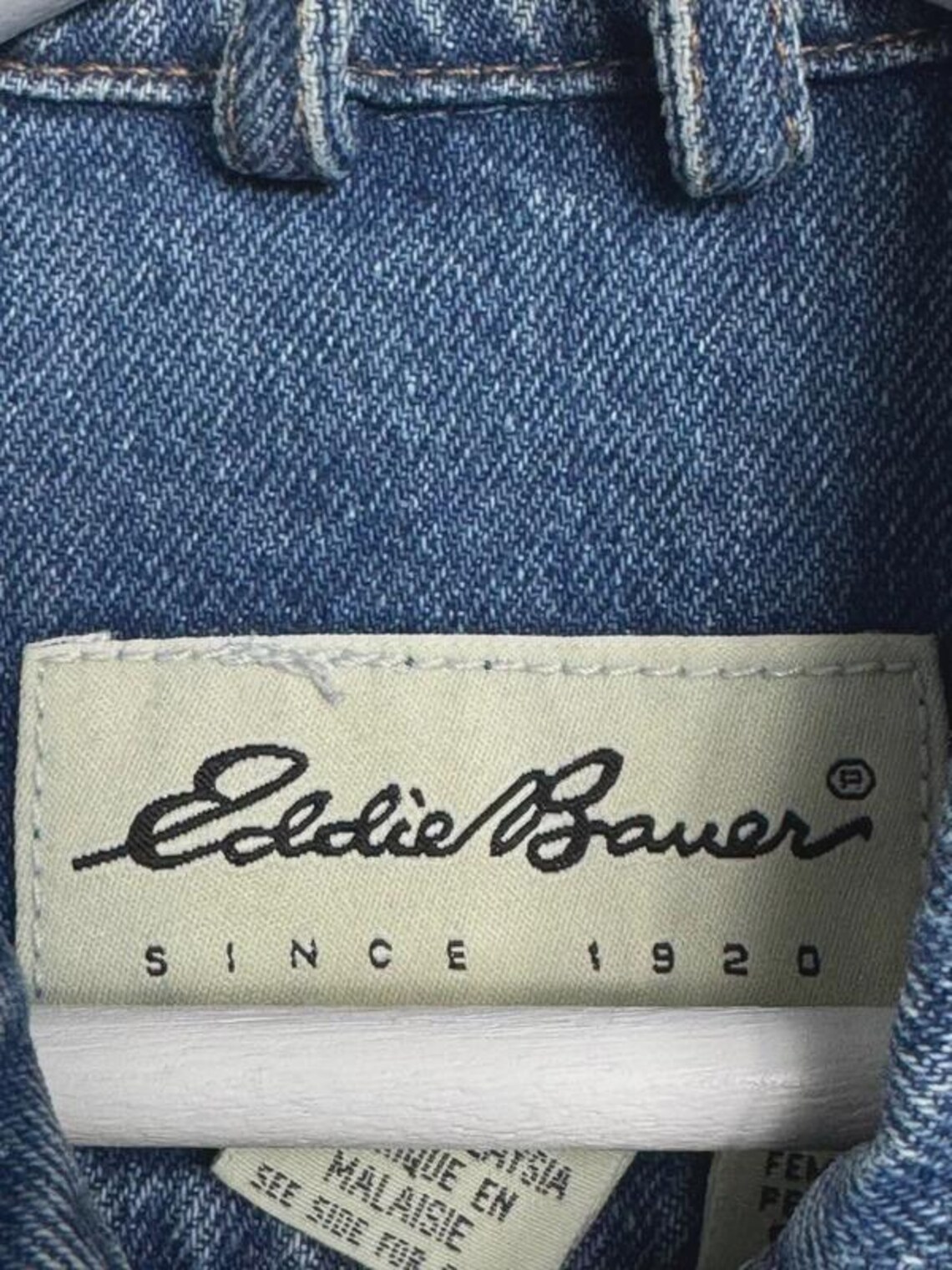 Vintage 90s Eddie Bauer Denim Jacket S Petite Cropped Blue Cotton Minimalist Jean Jacket Women, foto 4 di 5