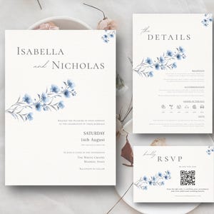 Wedding Invitation Template | Details Card | RSVP QR Code | Editable In Canva  | Printable Blue Floral Invitation Set