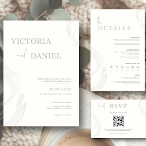 Puede incluir: Elegante juego de invitaciones de boda con un diseño minimalista. La invitación principal presenta los nombres "Victoria y Daniel" y la fecha de la boda, 16 de agosto de 2026. Incluye tarjetas de detalles y RSVP. Paleta de colores beige y gris suave.