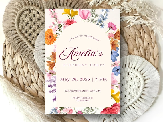 Birthday Invitation Template | Editable in Canva | Elegant Floral Birthday Party Invite | Minimal Garden Design | Digital Download