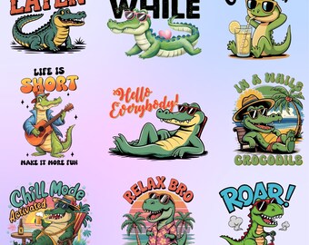 Retro Gator & Dino Summer PNG-bundel – grappige woordspelingen, chill-clipart (digitale download)