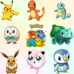 May include: A collection of nine colorful Pokémon characters, including Pikachu, Charmander, Squirtle, Bulbasaur, Eevee, Jigglypuff, and Piplup. The Pokémon logo is also featured. The characters are in a cartoon style.