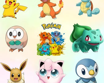 Pokémon PNG-bundel - hoge resolutie Pokémon clipart, Pikachu, Charmander, Squirtle, Bulbasaur, Eevee, Rowlet, Piplup, Jigglypuff - digitale download