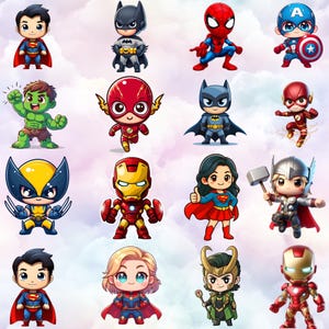 Może przedstawiać: Kolekcja postaci superbohaterów w stylu kreskówkowym, w tym Superman, Batman, Spider-Man, Kapitan Ameryka, Hulk, The Flash, Wolverine, Iron Man, Supergirl, Thor i Loki. Każda postać jest przedstawiona w stylu chibi z żywymi kolorami i charakterystycznymi kostiumami.