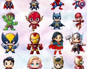 Chibi Super Hero PNG-bundel: komische clipart, sublimatieontwerpen (digitale download)