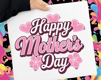 Retro roze Moederdag png, 3D-belettering sublimatie, afbeelding harten bloemen (digitale download)