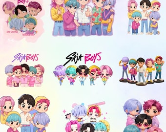 Saja Boys K-Pop Chibi PNG-bundel – 9 levendige digitale jongensbandstickers (digitale download)