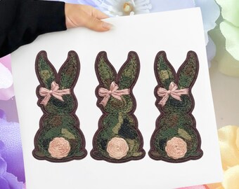 Paashaas PNG – camouflage silhouet konijnen met roze strikken (digitale download)