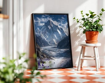 K2 Travel Poster, Landscape Wall Art, Nature Photography Print, Adventure Decor