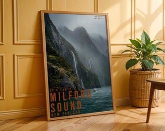 Milford Sound Travel Poster, Landscape Wall Art, Nature Photography Print, Adventure Decor
